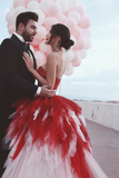 Red&Ivory Tulle Ball Gown Wedding Dresses Backless vestido de noiva