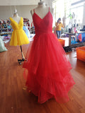 Pleated V-neckline Tulle Prom Dress with Horsehair Layered Skirt