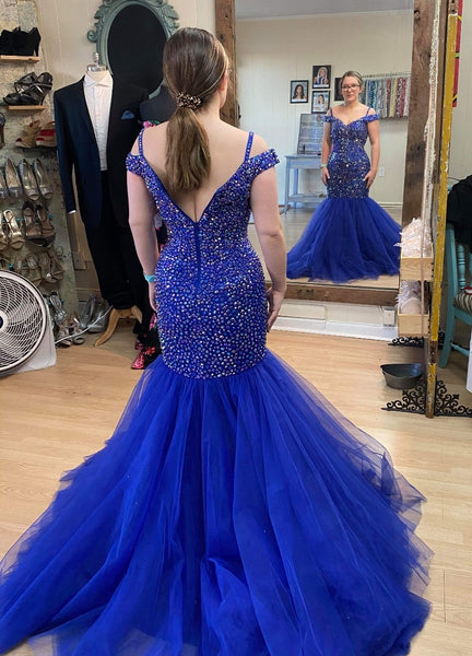 Rhinestones Royal Blue Prom Dresses Tulle Skirt