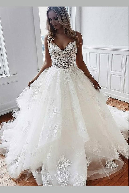 Deep V Neck Wedding Dresses Satin Ball Gown