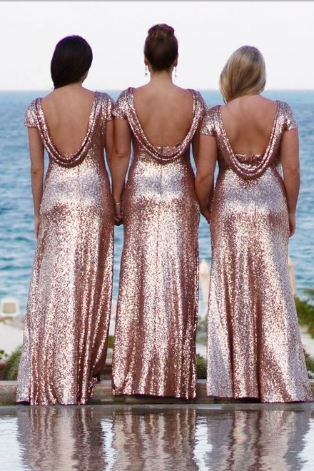 Scoop Neck Gold Sequin Bridesmaid Dresses Long Sleeves