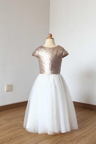 Rose-gold Sequin Flower Girl Dress with Tulle Skirt loveangeldress Rose-gold Sequin Flower Girl Dress with Tulle Skirt loveangeldress