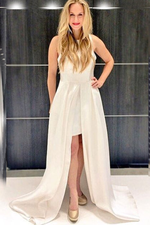 Round Neckline Keyholes Satin Red Prom Gown with Cut Front – loveangeldress
