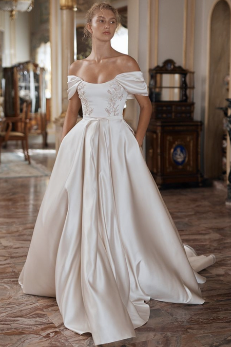 Deep V-neck Satin Bride Dress with Beaded Tulle Skirt