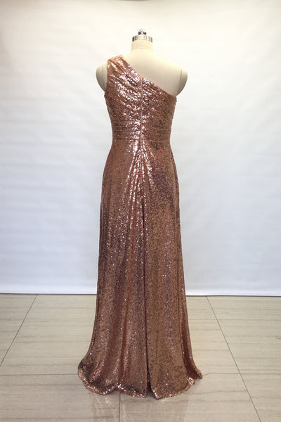 ruched-rose-gold-sequin-bridesmaid-gown-single-shoulder-1