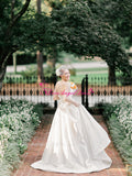 ruched-strapless-simple-satin-bridal-gowns-with-chapel-train