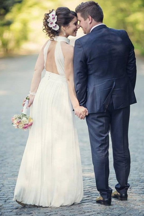 ruching-high-neck-beach-wedding-dress-with-chiffon-skirt-1