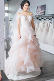ruching-off-the-shoulder-light-pink-wedding-gown-ruffles-skirt