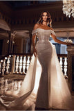 Ruching Sequins Wedding Gown Off-the-shoulder Neckline