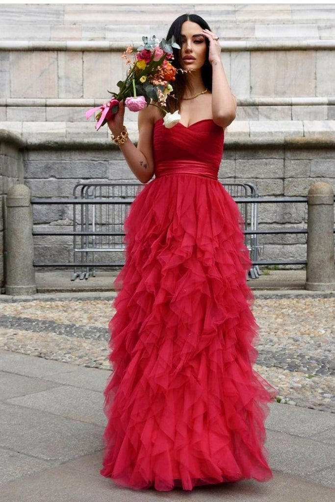 JoJo's Shop Strapless Red Tulle Ruffles Prom Formal Evening Dress | RS3011 Size 6 / Red