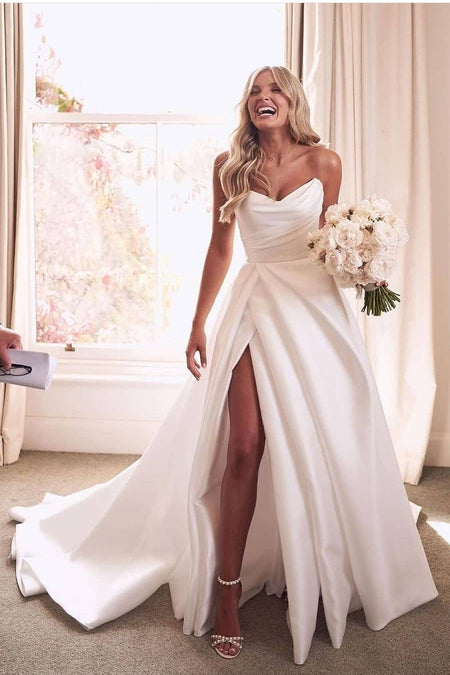 White Satin Modest Wedding Dresses with Long Sleeves