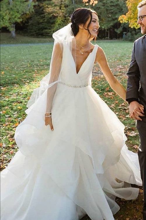ruching-v-neck-wedding-dresses-with-layers-skirt