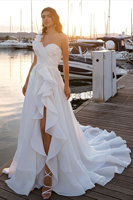 Striped Lace Outdoor Wedding Gown with X Back