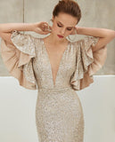 Ruffles Sleeves Sequin Prom Dresses with Plunging V-neckline