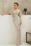 Ruffles Sleeves Sequin Prom Dresses with Plunging V-neckline