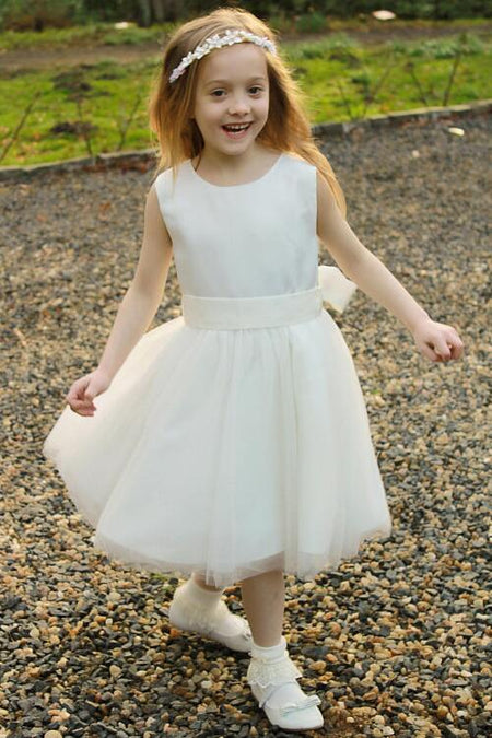Scoop Neck Tulle and Satin Flower Girl Dress with Rhinestones Belt