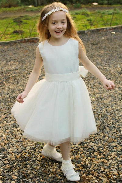 satin-and-tulle-tea-length-ivory-flower-girl-dress-with-ribbon-belt