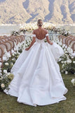 satin-cathedral-train-wedding-dresses-with-ruched-off-the-shoulder-neckline