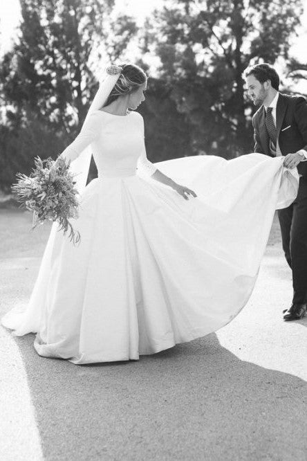 Simple Long Satin A-line Wedding Dresses with Pockets