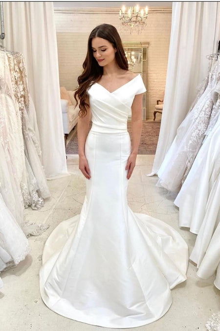 Off-the-shoulder Satin Bridal Gown with Detachable Train