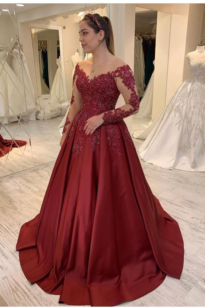 Satin Lace Burgundy Evening Gown with Illusion Sleeves – loveangeldress