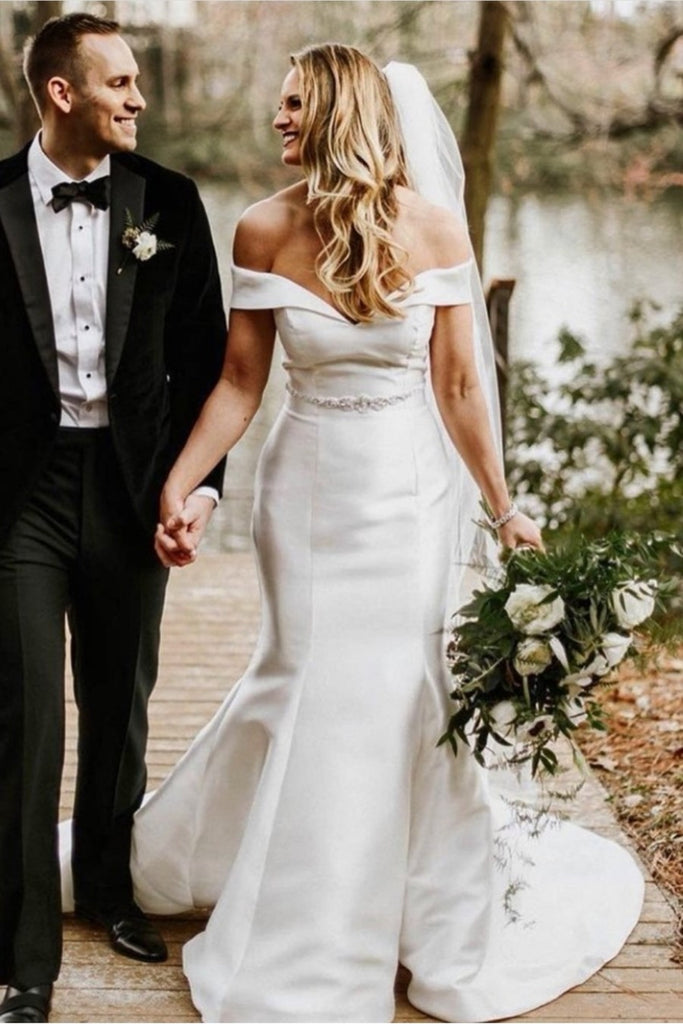 Satin Mermaid Wedding Dresses with Beaded Belt loveangeldress Satin Mermaid Wedding Dresses with Beaded Belt loveangeldress