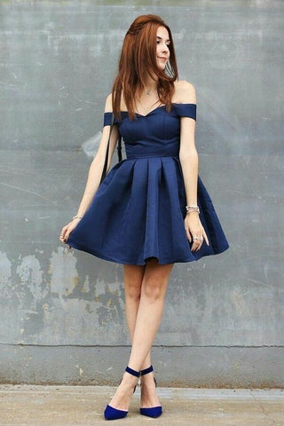 Satin Navy Blue Homecoming Dresses Short Off-the-shoulder  loveangeldress
