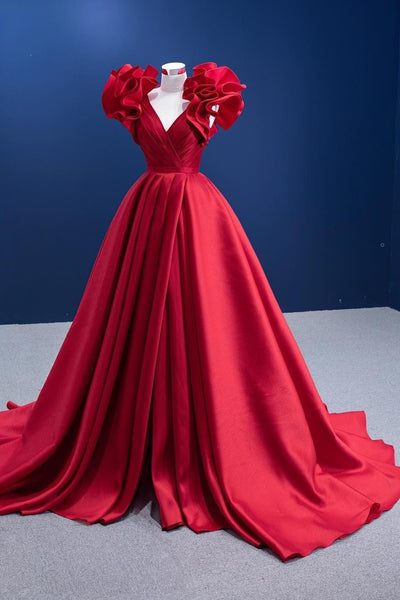 satin-red-prom-dress-styles-with-ruffles-shoulders