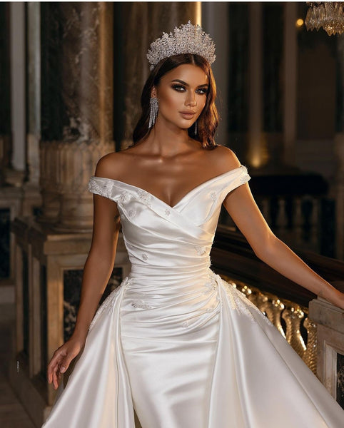Satin Royal Bridal Gown with Beaded Off-the-shoulder