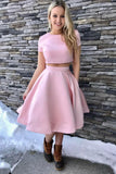satin-short-sleeves-pink-homecoming-dresses-two-piece