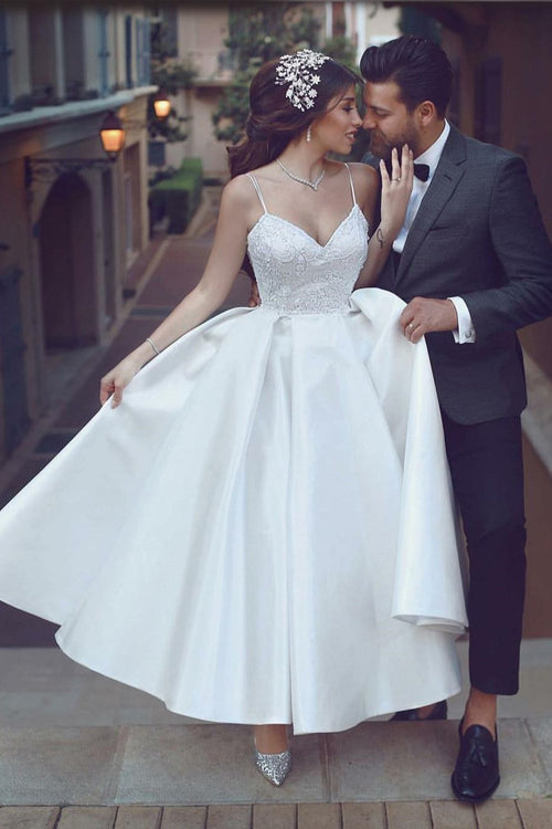 satin-short-white-bridal-dresses-with-beaded-lace-bodice