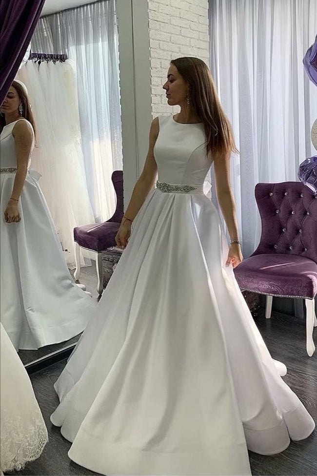 satin-sleeveless-white-dress-for-wedding-rhinestones-belt-1
