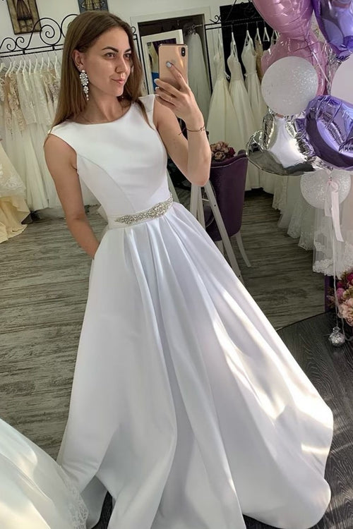 satin-sleeveless-white-dress-for-wedding-rhinestones-belt