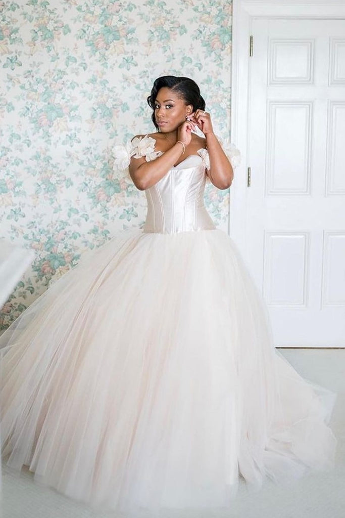 Satin Tulle Princess Wedding Gown with Flowers Shoulder Straps loveangeldress Satin Tulle Princess Wedding Gown with Flowers Shoulder Straps loveangeldress