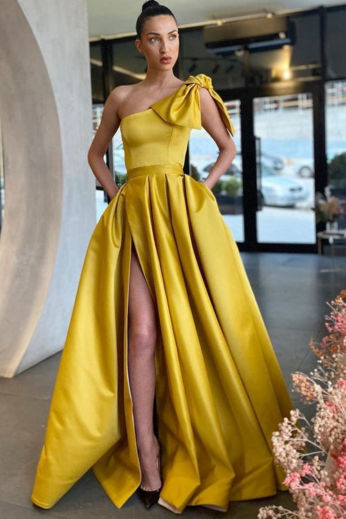 satin-yellow-prom-dress-with-bow-single-shoulder