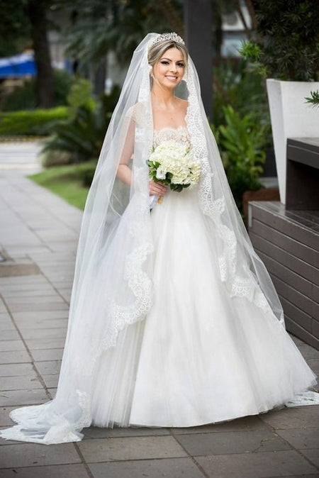 Elbow Length Beaded Crystal Wedding Veil 1 Layer in Ivory