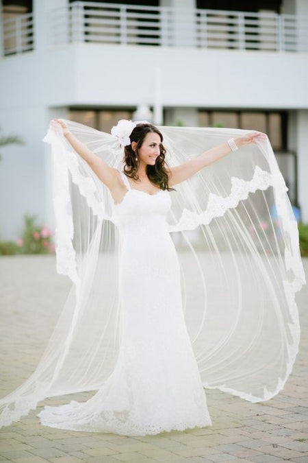 Two Tiers Finger Veils with Beaded Lace Hairband