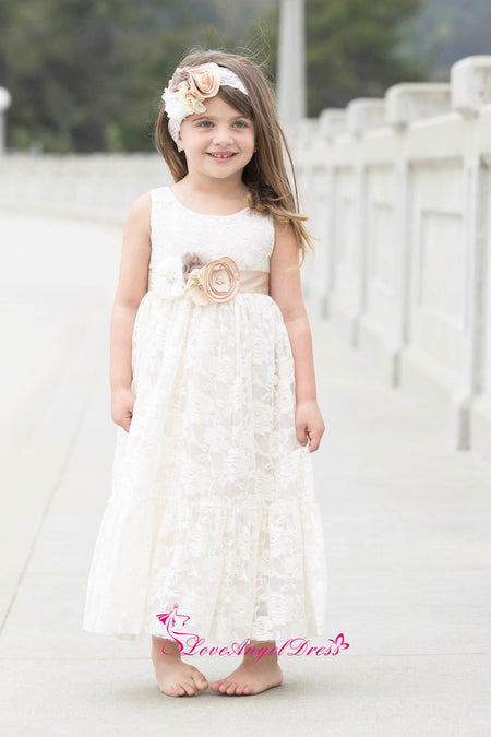 Scoop Neck Ivory Champagne Flower Girl Dress with Tulle Skirt