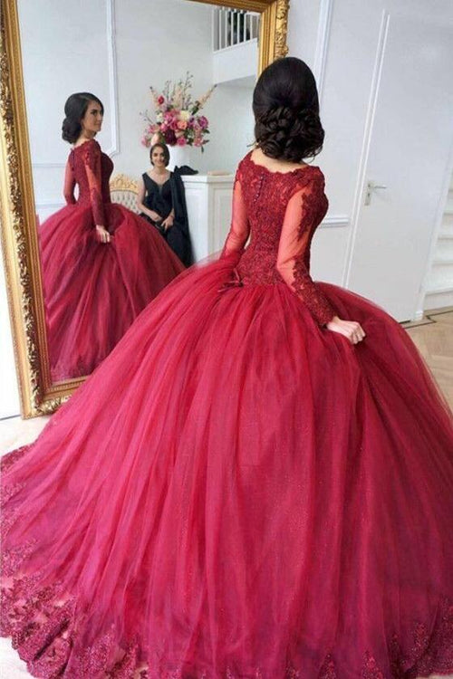 scoop-neck-lace-tulle-red-ball-gowns-long-sleeved-evening-dresses