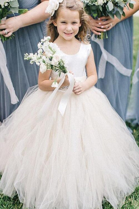 Sequin Tulle Flower Girls Dress Ball Gown with Bow Belt