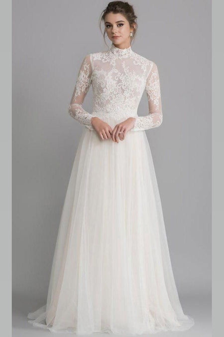 Champagne Tulle Wedding Dress with Illusion Lace Long Sleeves