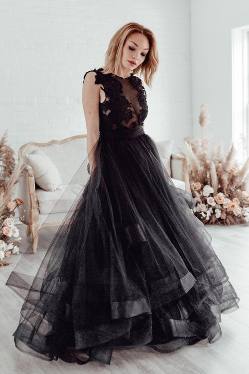 see-through-lace-black-wedding-dress-with-tulle-netting-skirt