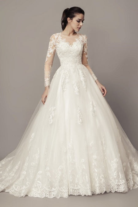 Plunging Lace Long Sleeves Wedding Dresses Tulle Skirt