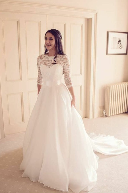 Sheer Long Sleeves Lace Wedding Gown Satin Skirt