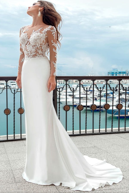 Illusion Neckline Lace Cap Sleeves Bridal Dresses with Tiered Skirt