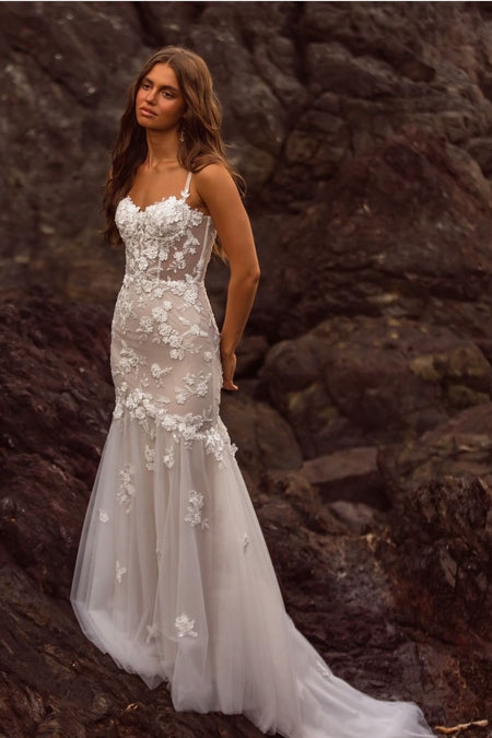 Off-the-shoulder Satin Bridal Gown with Detachable Train