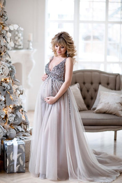sequin-maternity-dresses-baby-shower-gowns-with-tulle-skirt