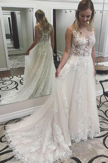Flower Lace Wedding Dresses with Deep V-neckline