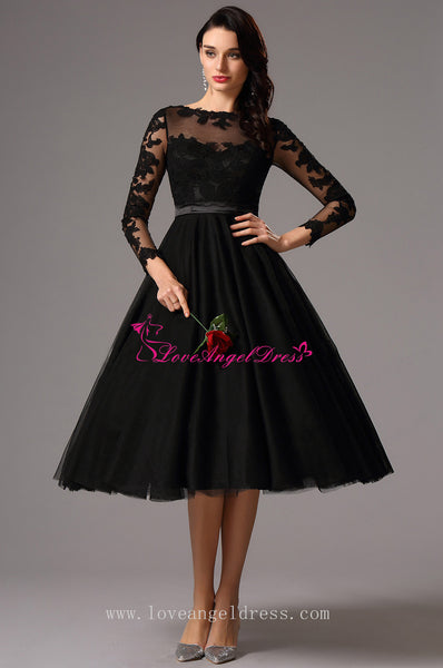 sheer-boat-neck-lace-tulle-black-short-prom-dresses-with-sleeves