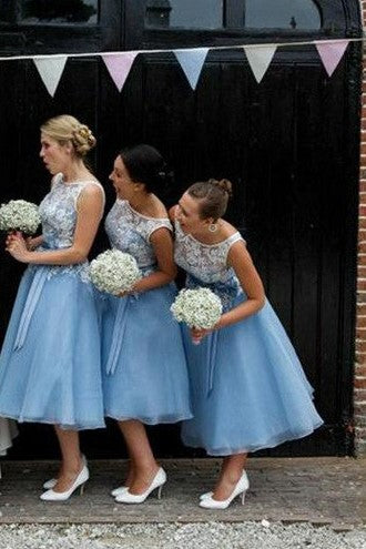 Blue tea length bridesmaid dresses online